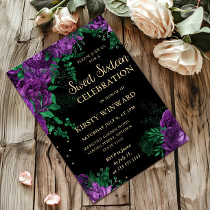 Purple Roses Border Floral Sweet Sixteen Invitation