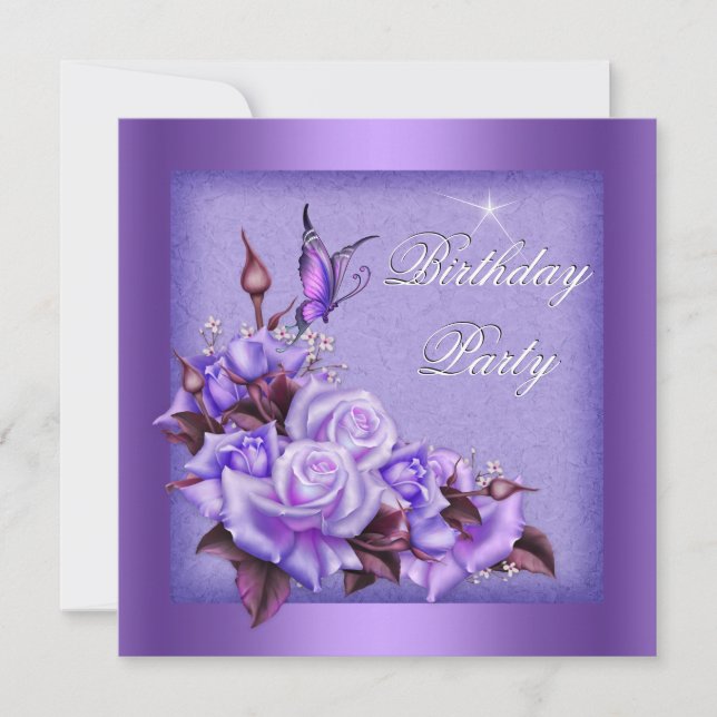Purple Roses Butterfly Floral Birthday Party 2 Invitation (Front)