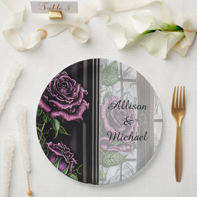 Purple roses by the window - gothic style paper plate (Wedding)