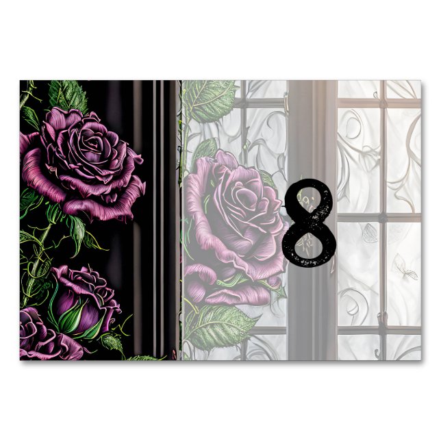 Purple roses by the window - gothic style table number (Front)