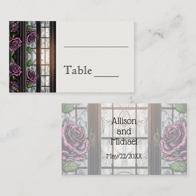 Purple roses by the window - gothic style wedding  place card (Front/Back)