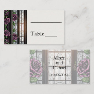 Purple roses by the window - gothic style wedding place card