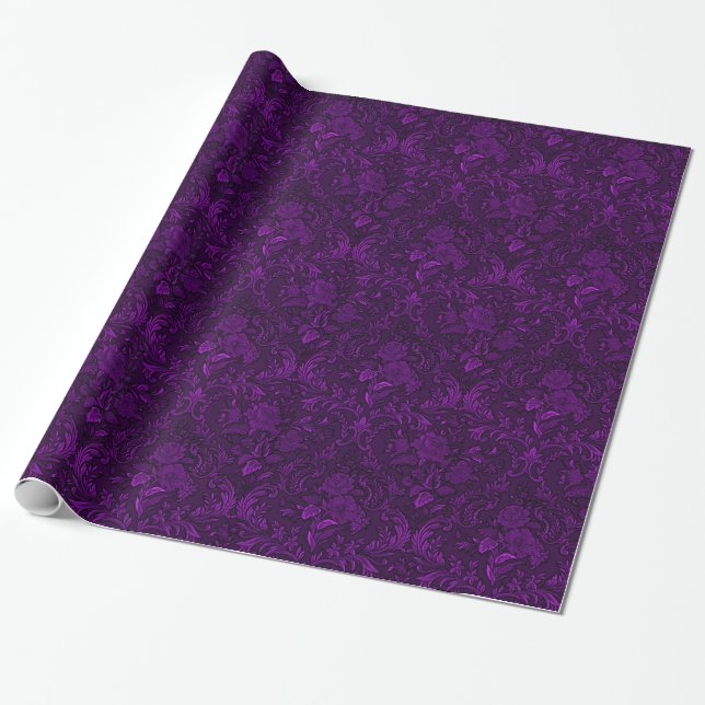 Purple Roses Damask Goth Wrapping Paper (Unrolled)