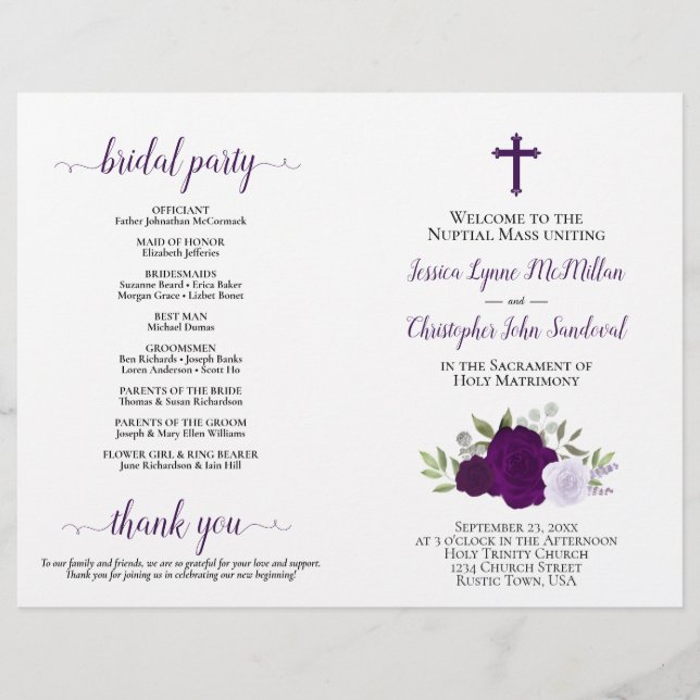 Purple Roses DIY Fold Catholic Wedding Program (Front)