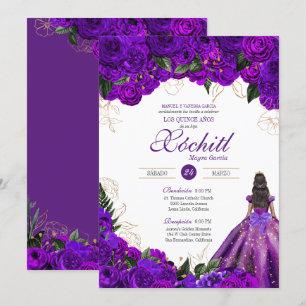 Purple Roses Elegant Floral 15th Birthday Quince Invitation