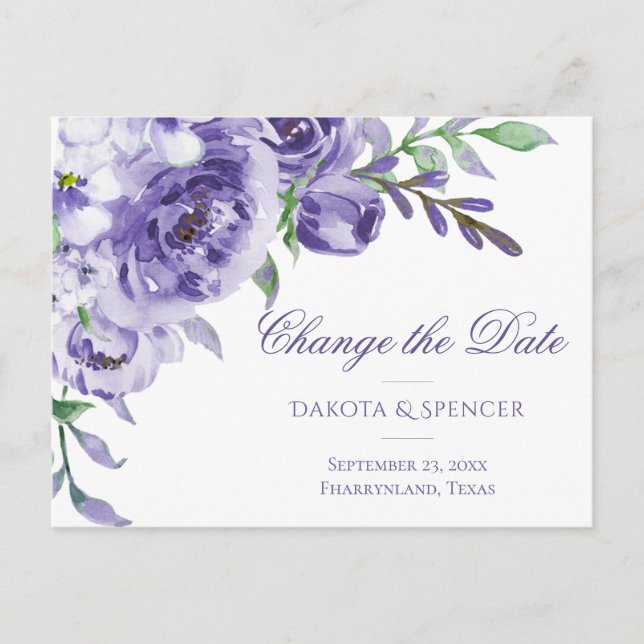 Purple Roses | Elegant Watercolor Change of Date Announcement Postcard (Front)