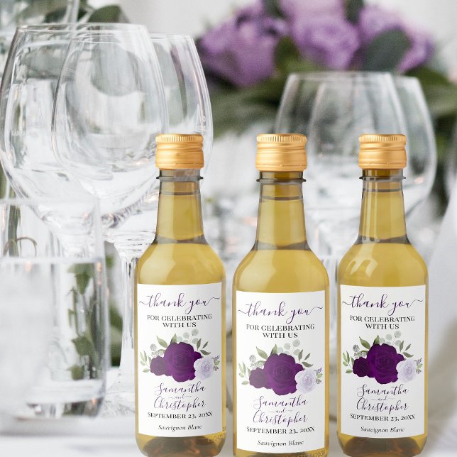 Purple Roses Elegant Wedding Thank You Mini Wine Label (Creator Uploaded)