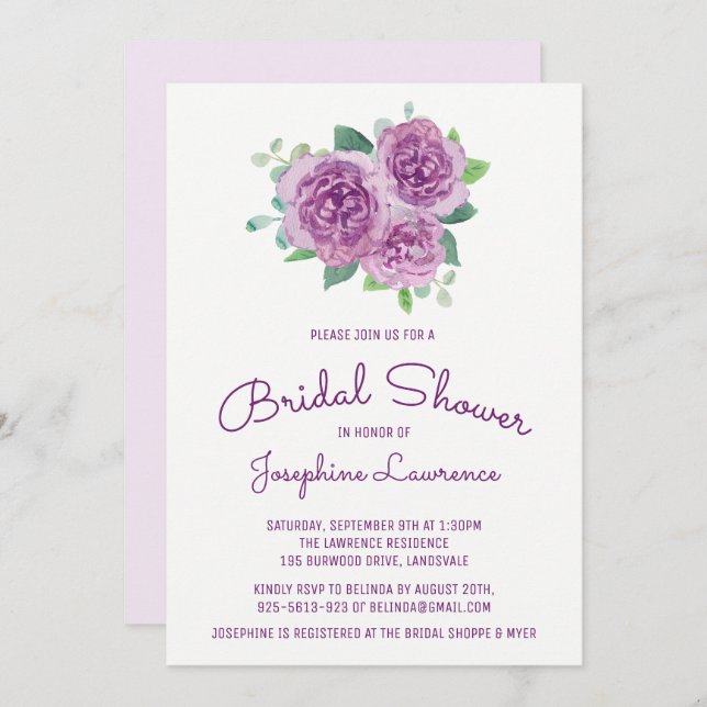 Purple Roses Floral Bridal Shower Invitations (Front/Back)