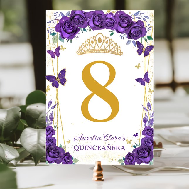 Purple Roses Floral Butterflies Gold Quinceañera Table Number (Creator Uploaded)