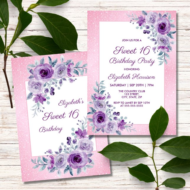 Purple Roses Floral Glitter Pink 16th Birthday  Invitation (Creator Uploaded)