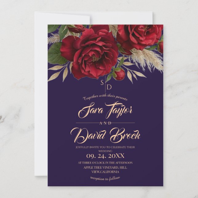 Purple & Roses Floral Modern Boho Wedding Invitation (Front)