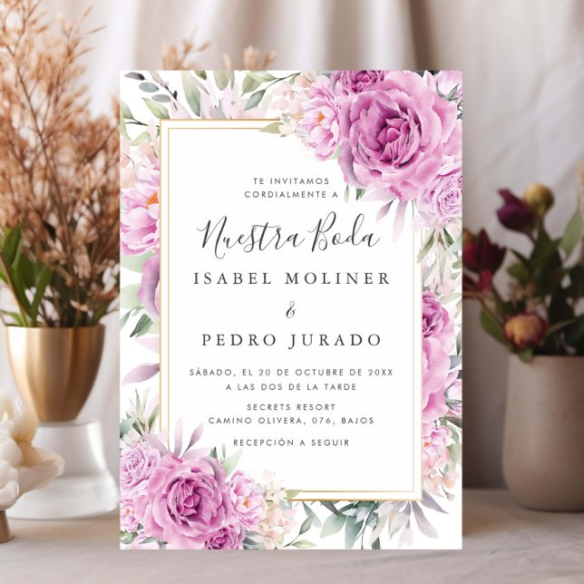 Purple Roses Floral Nuestra Boda Spanish Wedding Invitation (Creator Uploaded)