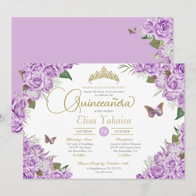 Purple Roses Floral Tiara Butterfly Quinceanera Invitation (Front/Back)