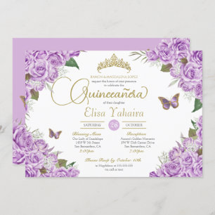 Purple Roses Floral Tiara Butterfly Quinceanera Invitation