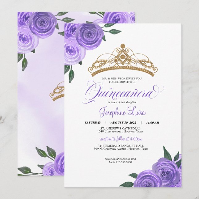 Purple Roses Golden Tiara Quinceañera Birthday Inv Invitation (Front/Back)