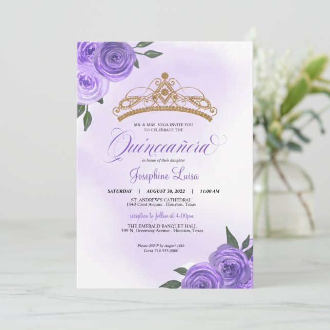 Purple Roses Golden Tiara Quinceañera Birthday Invitation (Standing Front)