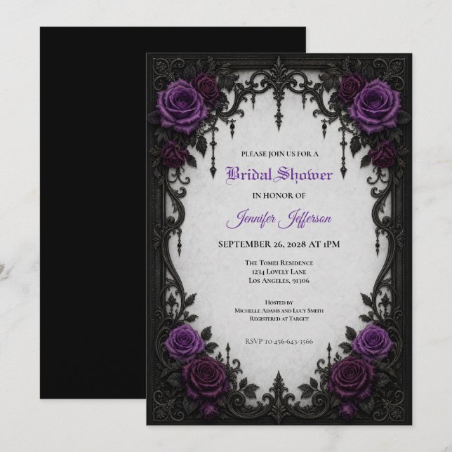 Purple Roses Gothic Bridal Shower invitation (Front/Back)