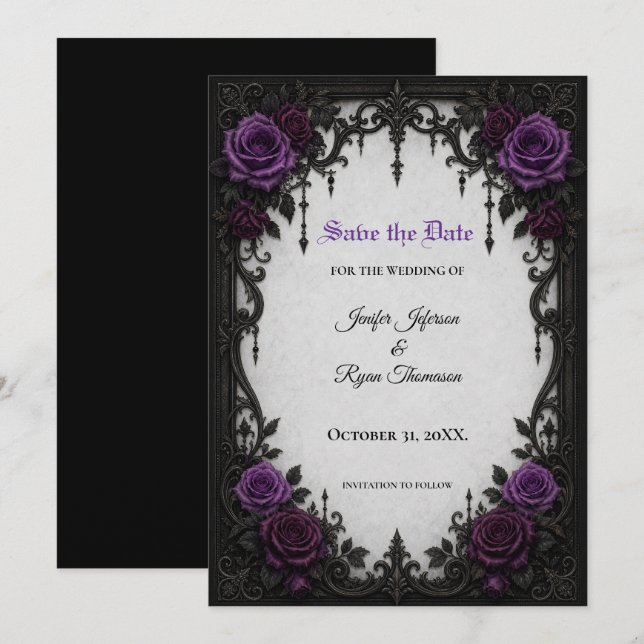 Purple Roses Gothic Save the date invitation (Front/Back)