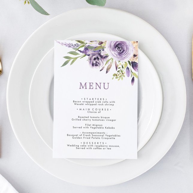 Purple Roses & Greenery Leves Floral Wedding Menu (Creator Uploaded)