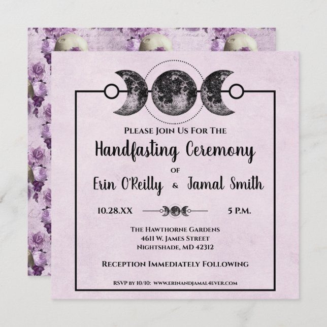 Purple Roses Handfasting Wicca Wedding Moon Invite (Front/Back)