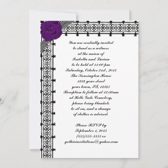 Purple Roses Lattice Gothic Wedding Invites (Front)
