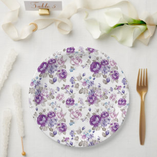Purple Roses Lavender Floral Garden Party Wedding Paper Plate