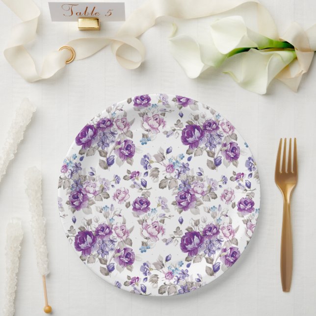 Purple Roses Lavender Floral Garden Party Wedding Paper Plate (Wedding)