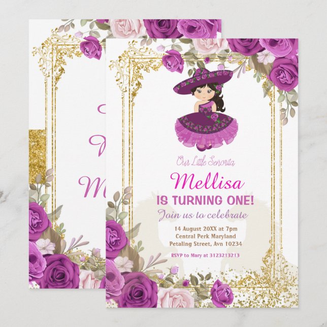 Purple Roses Mexican Floral Girl Fiesta Birthday  Invitation (Front/Back)