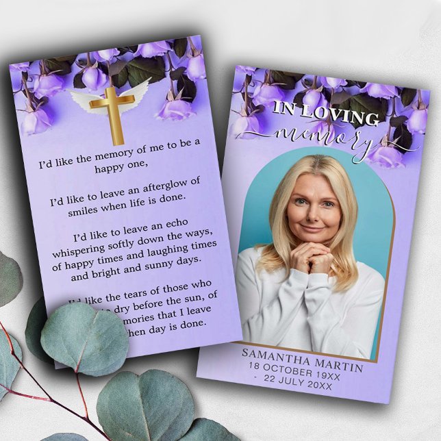 Purple Roses Minimal Memorial Funeral Bookmark (Creator Uploaded)