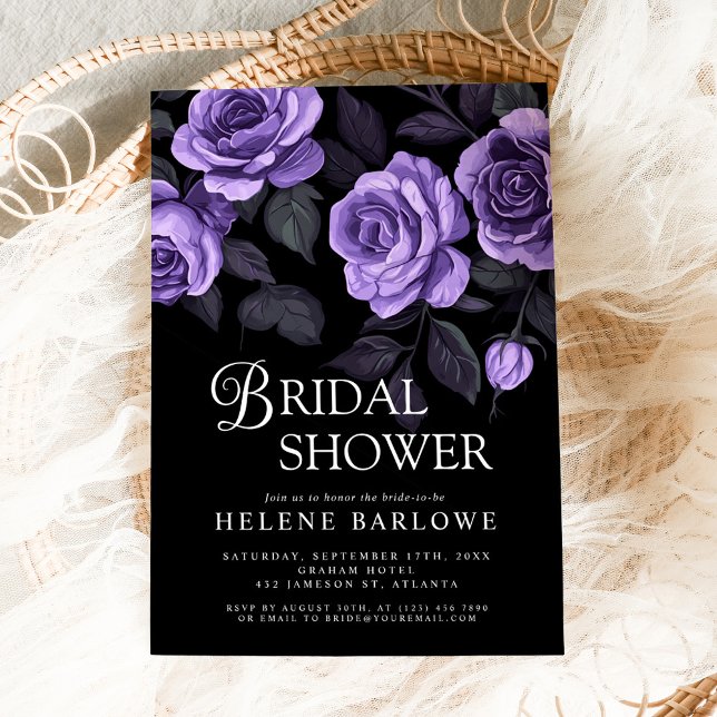 Purple Roses Moody Dark Gothic Bridal Shower Invitation (Purple Roses Moody Dark Gothic Bridal Shower Invitation)
