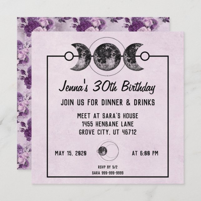 Purple Roses & Moons Fantasy Birthday Invites (Front/Back)