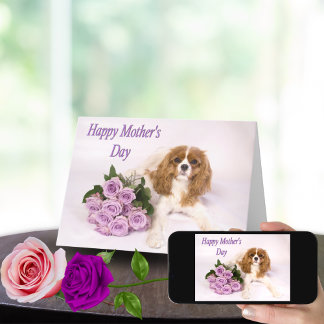 Purple Roses Mother's Day Card Cavalier King Dog