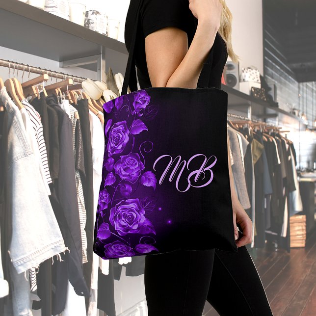 Purple roses on black monogrammed tote bag (Creator Uploaded)