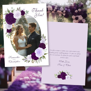 Purple Roses Oval Photo Writable Back Wedding Thank You Card