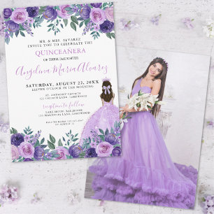 Purple Roses Photo Floral Quinceanera Invitation