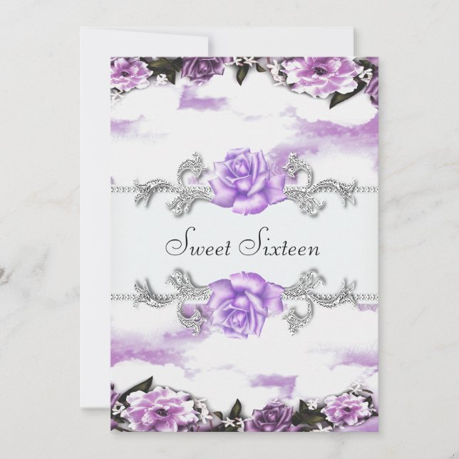 Purple Roses Purple Pretty Sweet Sixteen Party Invitation (Front)