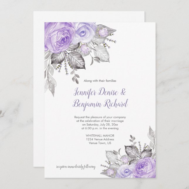 Purple Roses Silver Leaves - White - Wedding | Invitation (Front/Back)
