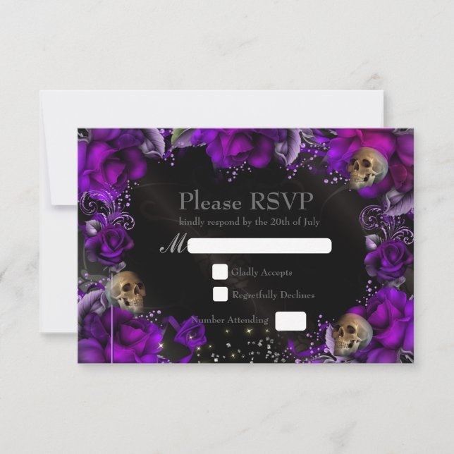 Purple Roses & Skulls Gothic Wedding RSVP Card (Front)