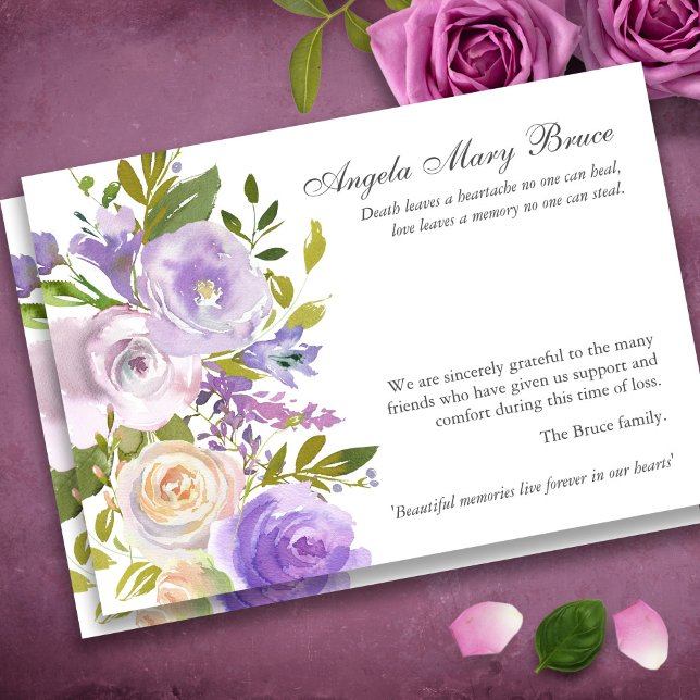 Purple Roses Sympathy Funeral Thank You Card (Purple Roses Sympathy Bereavement Memorial Funeral Thank You Card)