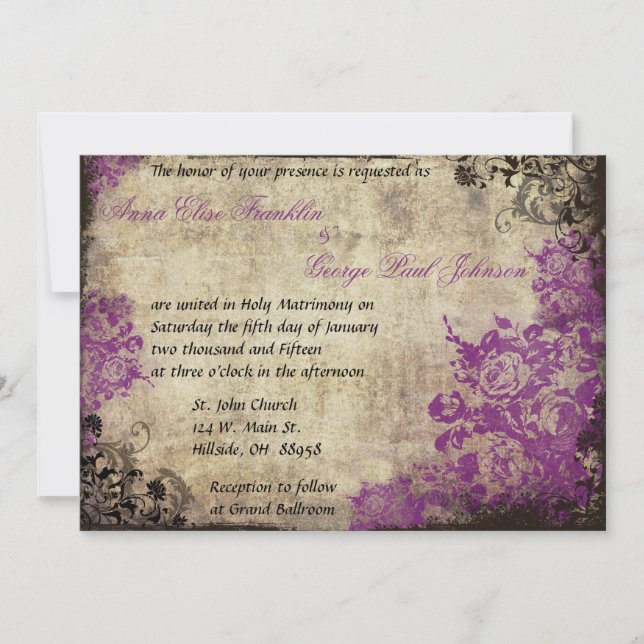 Purple Roses Vintage Wedding Invitation (Front)