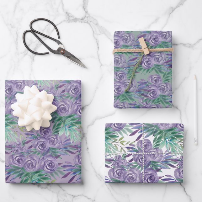 Purple Roses Watercolor Hand-painted Wrapping Paper Sheet (Front)
