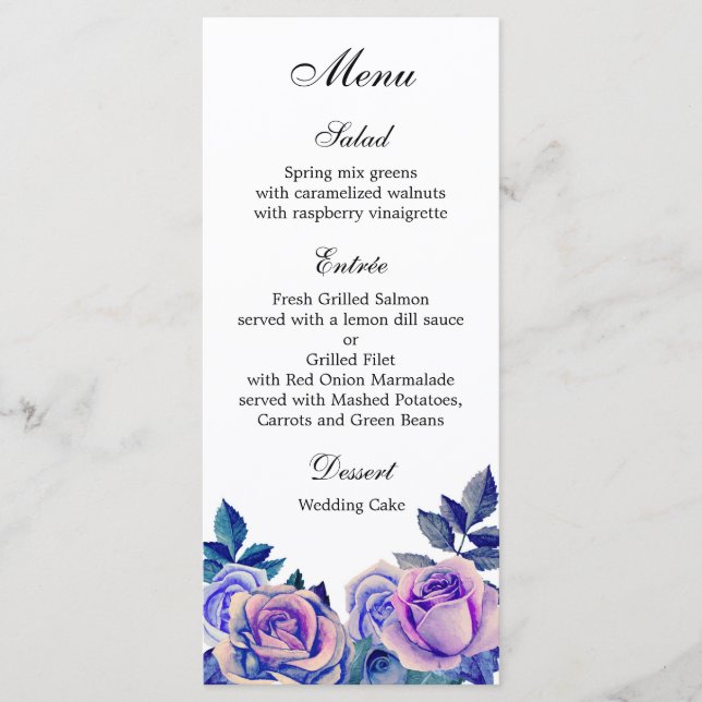 Purple roses wedding dinner menu Floral menu party (Front)