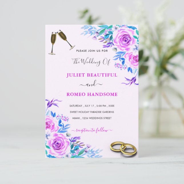 Purple Roses Wedding Invitation Example with Rings (Standing Front)