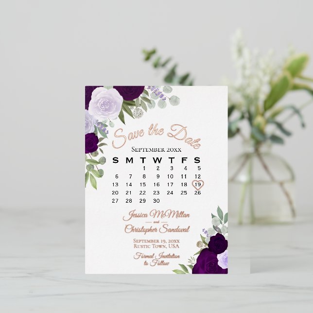 Purple Roses Wedding Save the Date Rose Gold Foil Invitation Postcard (Standing Front)