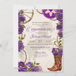 Purple Roses Western Boots Charro Quinceanera Invitation