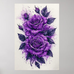 Purple Roses with Water Droplets Poster