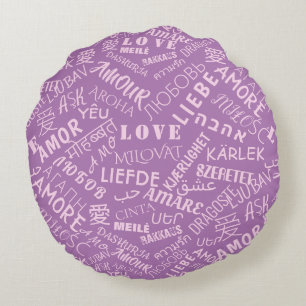 Purple Round Pillow with Text LOVE