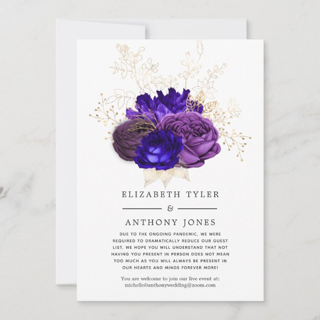 Purple, Royal Blue and Gold Floral Wedding Guests Announcement (Front)