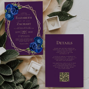 Purple Royal Blue Floral Gold Geo QR Code Wedding Invitation