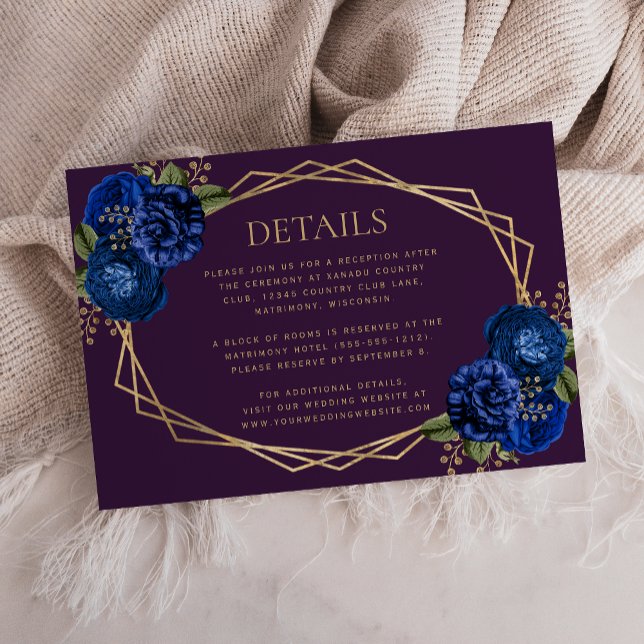 Purple Royal Blue Floral Gold Geo Wedding Details RSVP Card (Creator Uploaded)